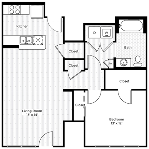 Floor plan for 1 bed, 1 bath, 687 sqft